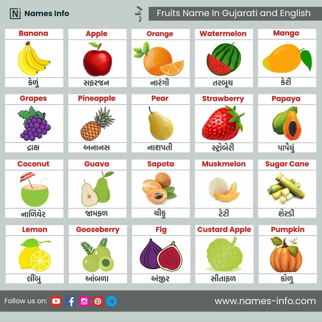 fruits name in gujarati and english with pictures